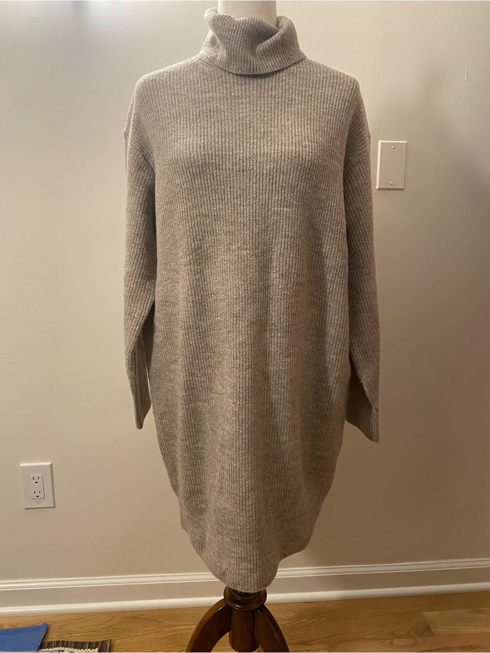 Black Tape_ Ribbed Turtleneck Sweater Dress in Light Taupe